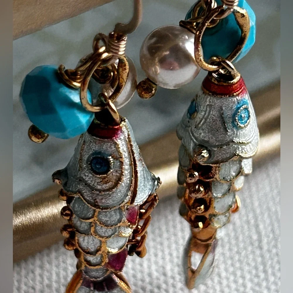 Articulating 14K Gold Koi Fish Enamel Good Luck Dangle Earrings Blue White